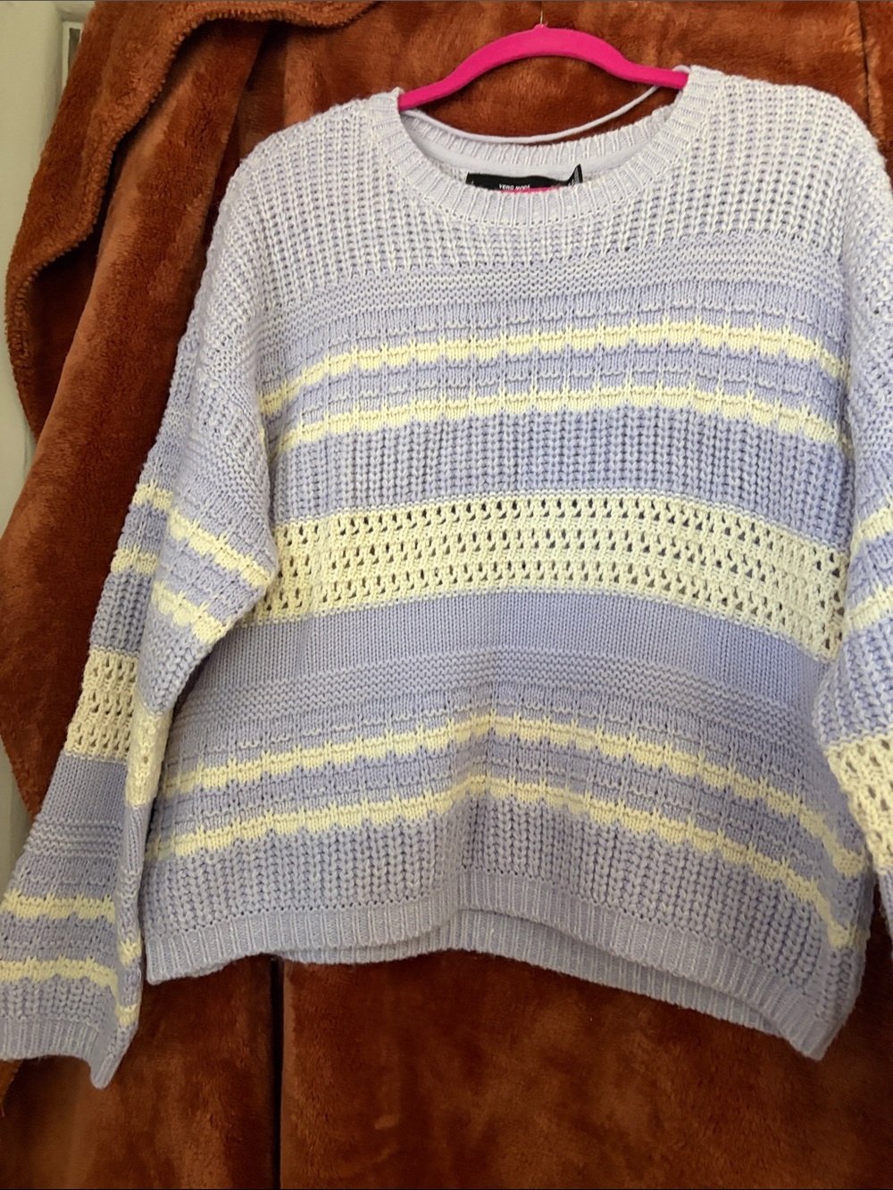 Vero Moda Lavender and Cream Striped Open-Knit Sweater